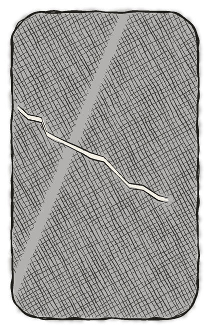 A pen drawing of a smooth, glossy slab with a crack running across it